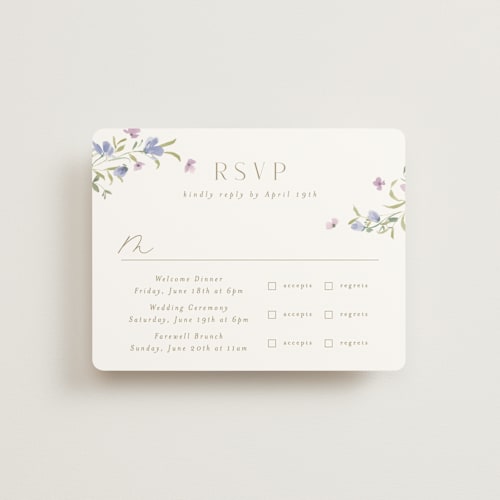 This is a wisteria rsvp cards with standard by Everett Paper Goods called sweeping meadow printing on signature in standard