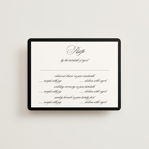 This is a ink rsvp cards with standard by That Girl Press called black tie printing on signature in standard