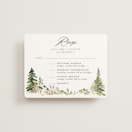This is a forest rsvp cards with standard by Petra Kern called great outdoors printing on signature in standard