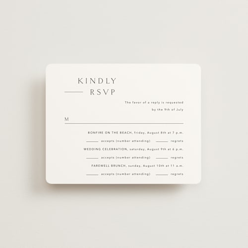 This is a simply white rsvp cards with standard by Jennifer Postorino called rhythmic printing on signature in standard
