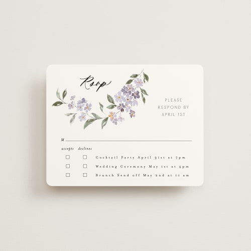 This is a periwinkle rsvp cards with standard by Itsy Belle Studio called sweeping vine printing on signature in standard