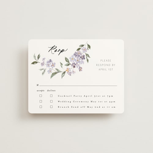 This is a periwinkle rsvp cards with standard by Itsy Belle Studio called sweeping vine printing on signature in standard