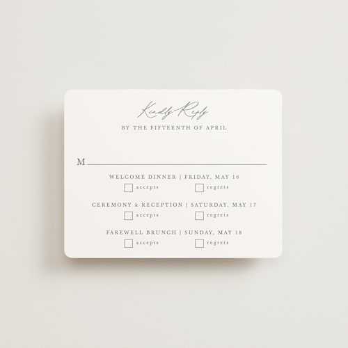 This is a pewter rsvp cards with standard by Sarah Brown called mountainview printing on signature in standard