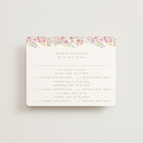 This is a spring rsvp cards with standard by Phrosné Barwood called floral arch printing on signature in standard