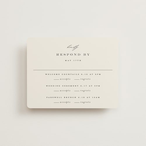 This is a ivory rsvp cards with standard by Carolyn Nicks called softly swept printing on signature in standard