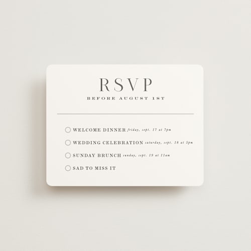 This is a snow rsvp cards with standard by Hooray Creative called everly printing on signature in standard