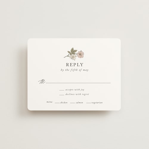 This is a snow rsvp cards with standard by Cedar and Grey called vintage roses printing on signature in standard