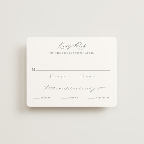 This is a pewter rsvp cards with standard by Sarah Brown called mountainview printing on signature in standard