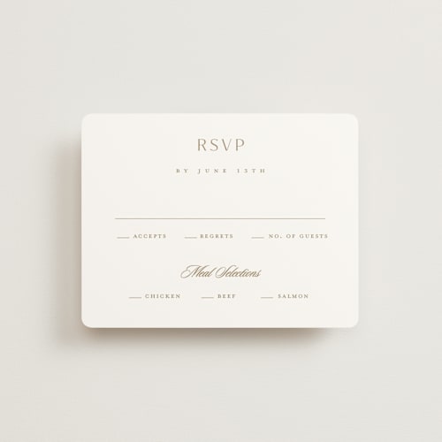 This is a golden rsvp cards with standard by Stacey Meacham called classic decorum printing on signature in standard