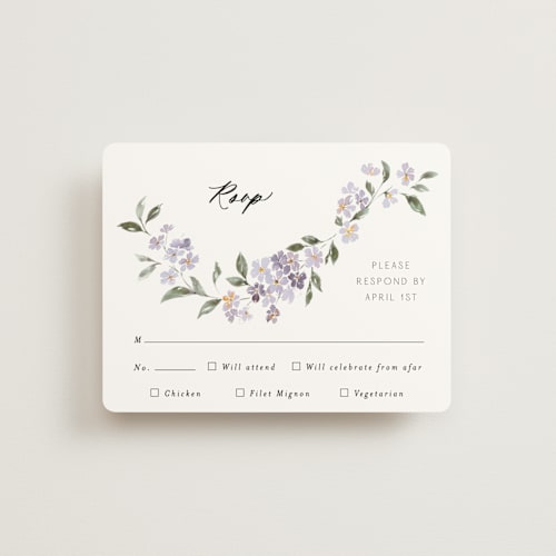 This is a periwinkle rsvp cards with standard by Itsy Belle Studio called sweeping vine printing on signature in standard