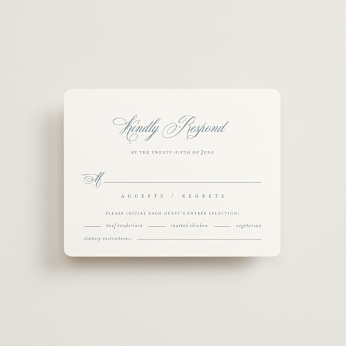 This is a dusty blue rsvp cards with standard by Jennifer Postorino called empire printing on signature in standard