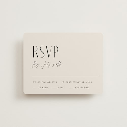 This is a linen rsvp cards with standard by Kelly Schmidt called arabilla overlap printing on signature in standard