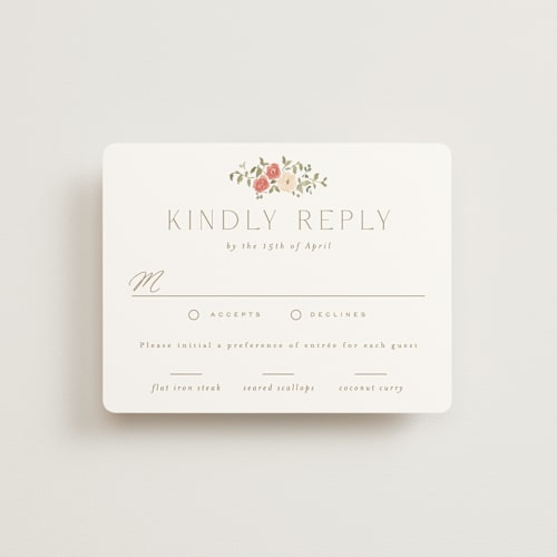This is a pomegranate rsvp cards with standard by Everett Paper Goods called roses crest printing on signature in standard
