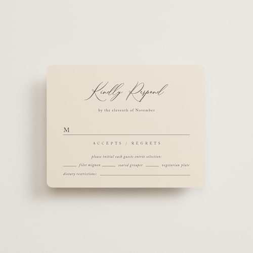 This is a mocha rsvp cards with standard by Jennifer Postorino called love story printing on signature in standard