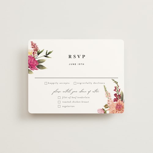 This is a magenta rsvp cards with standard by Susan Moyal called lush printing on signature in standard