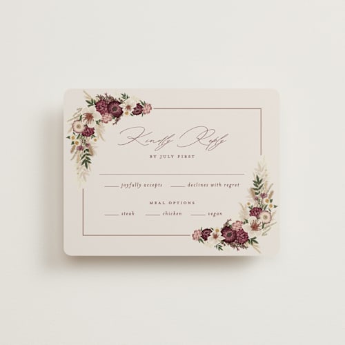 This is a cabernet rsvp cards with standard by Erin Deegan called dried floral wreath printing on signature in standard