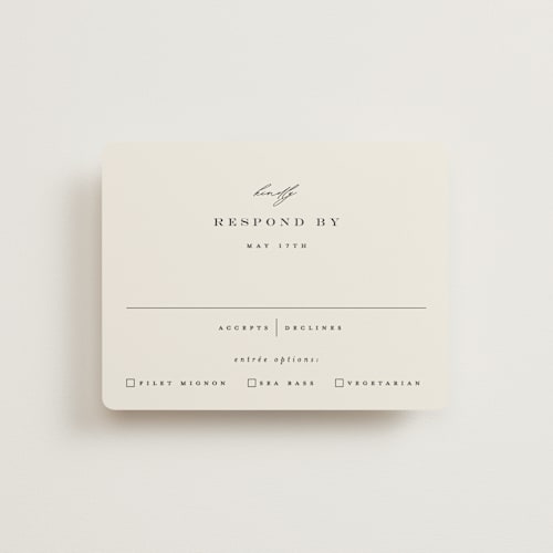 This is a ivory rsvp cards with standard by Carolyn Nicks called softly swept printing on signature in standard