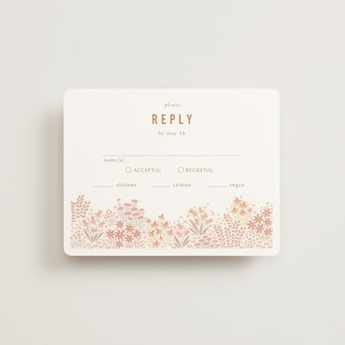 This is a peach rsvp cards with standard by Pippa Shaw called floral border printing on signature in standard