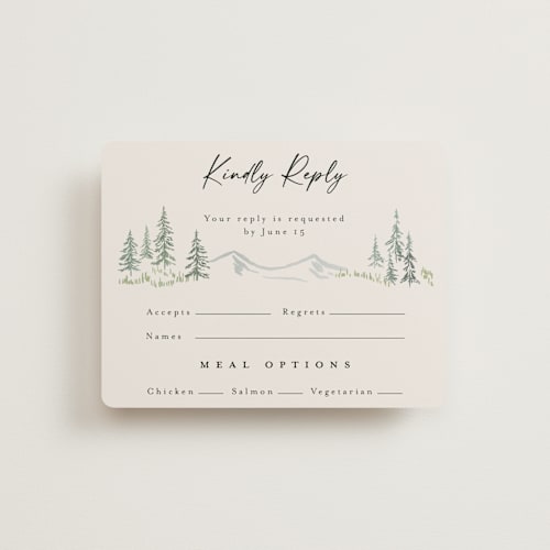 This is a forest rsvp cards with standard by Petra Kern called paradise printing on signature in standard