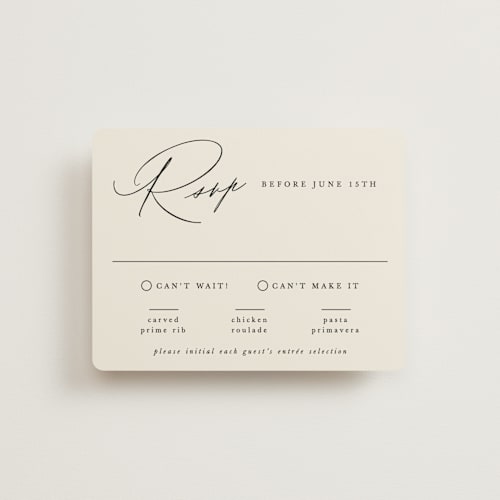 This is a ecru rsvp cards with standard by Hooray Creative called scripted names printing on signature in standard