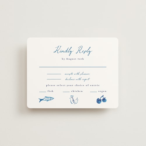 This is a cerulean rsvp cards with standard by Tamara Hilje called positano printing on signature in standard