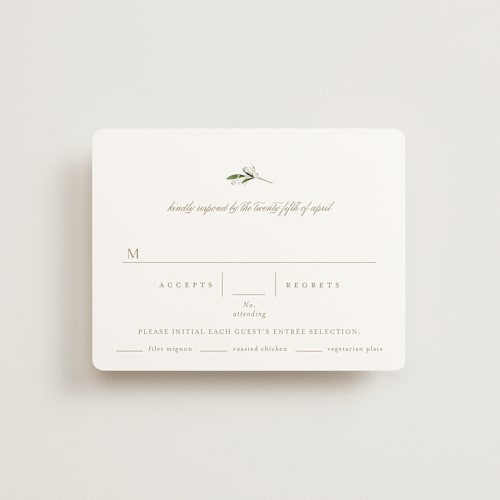 This is a champagne rsvp cards with standard by Jennifer Postorino called soft sprigs printing on signature in standard