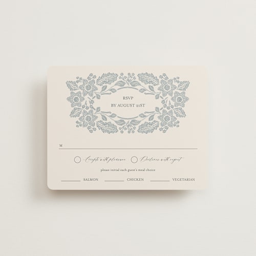 This is a dusty blue rsvp cards with standard by Jen Owens called embroidered printing on signature in standard