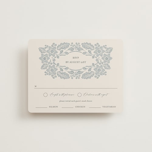 This is a dusty blue rsvp cards with standard by Jen Owens called embroidered printing on signature in standard