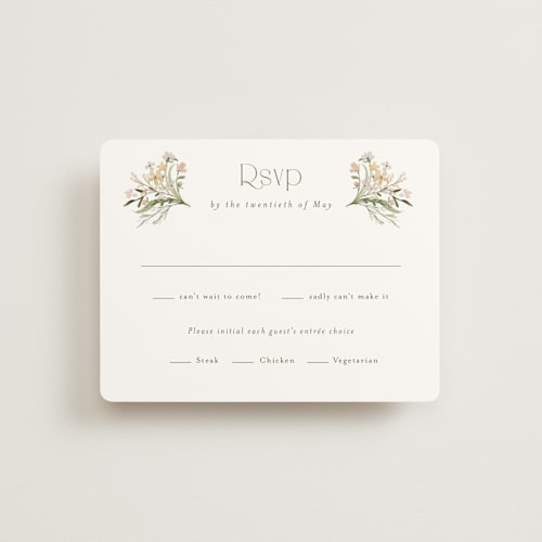 This is a olive rsvp cards with standard by Jennifer Wick called delicate buds printing on signature in standard