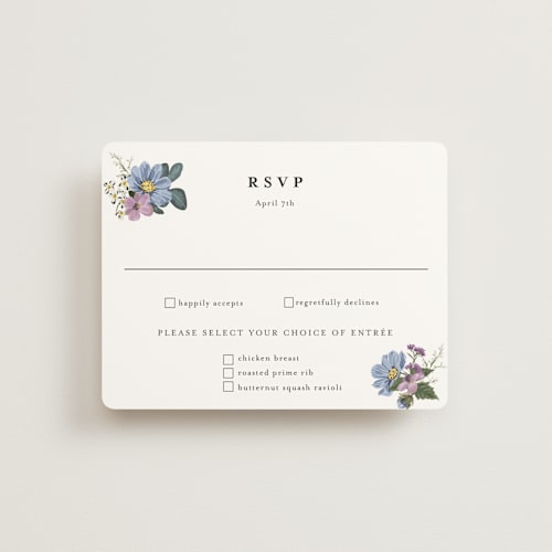 This is a lavender rsvp cards with standard by Susan Moyal called lilac bloom printing on signature in standard