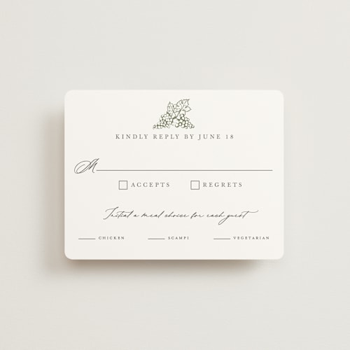This is a olive rsvp cards with standard by Sarah Brown called vineyard printing on signature in standard