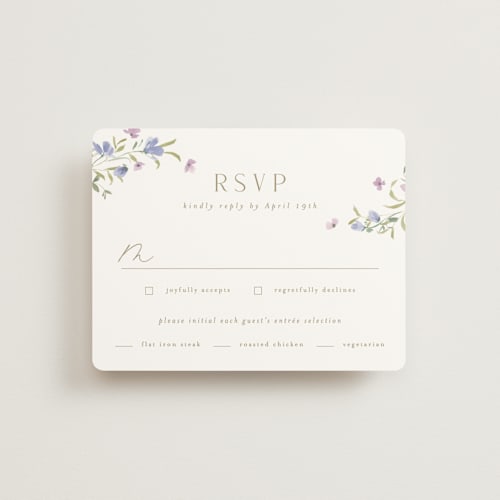 This is a wisteria rsvp cards with standard by Everett Paper Goods called sweeping meadow printing on signature in standard