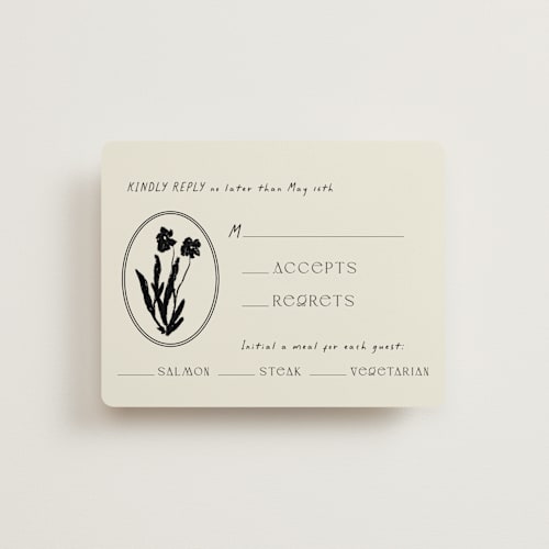 This is a onyx rsvp cards with standard by Alaina Cherup called la graine printing on signature in standard
