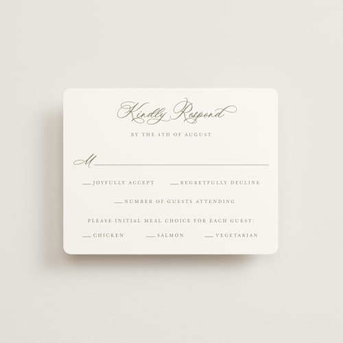 This is a moss rsvp cards with standard by Cass Loh called watercolor flowers crest printing on signature in standard