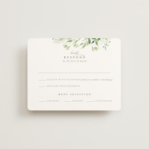 This is a garden rsvp cards with standard by Leah Bisch called verdure printing on signature in standard