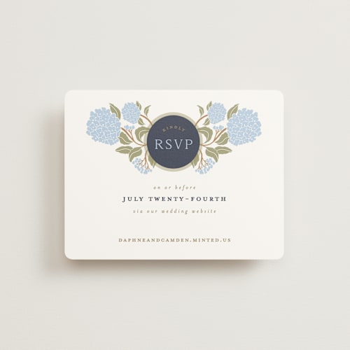 This is a navy rsvp cards with standard by Susan Zinader called hydrangea garden printing on signature in standard