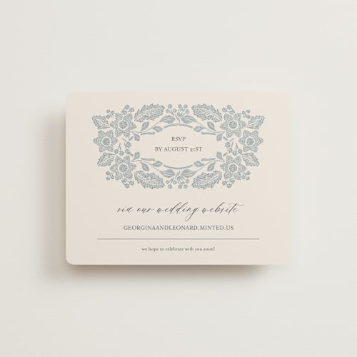 This is a dusty blue rsvp cards with standard by Jen Owens called embroidered printing on signature in standard