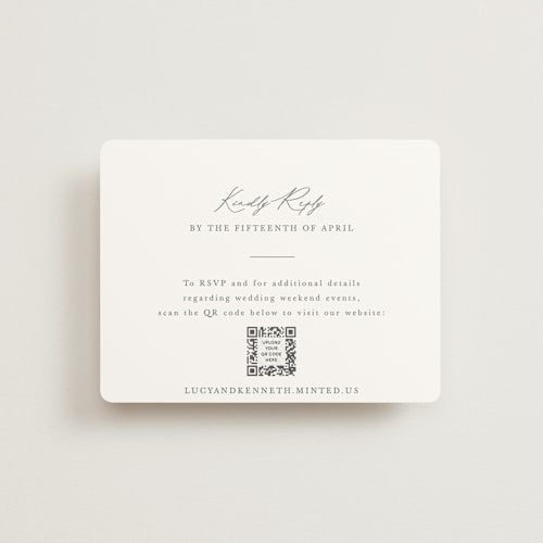 This is a pewter rsvp cards with standard by Sarah Brown called mountainview printing on signature in standard