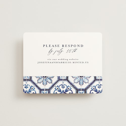 This is a azure rsvp cards with standard by Anastasia Makarova called watercolor azulejo printing on signature in standard