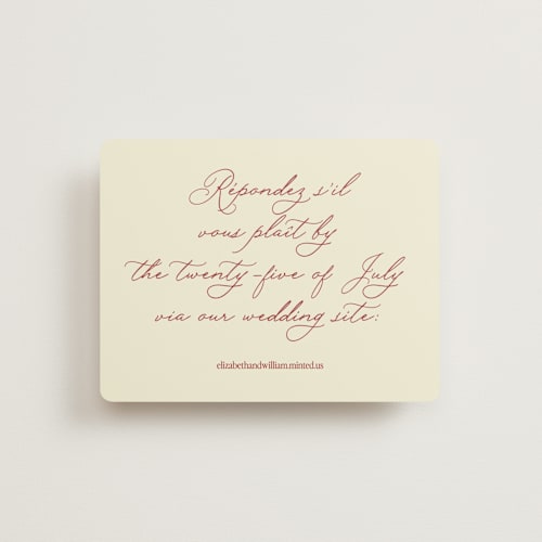 This is a burgundy rsvp cards with standard by Helena Vitto called elizabeth printing on signature in standard