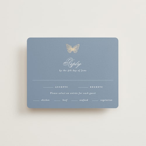 This is a cornflower rsvp cards with foil pressed by Grae called meet me in the garden printing on signature in standard
