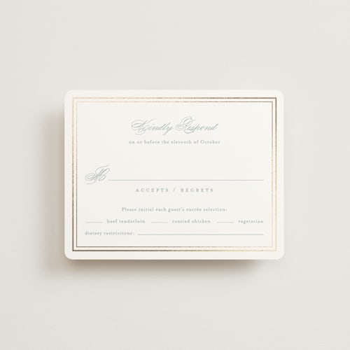 This is a powder blue rsvp cards with foil pressed by Jennifer Postorino called polished printing on signature in standard