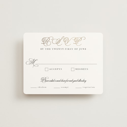 This is a snow rsvp cards with foil pressed by Sarah Brown called traditionalist printing on signature in standard