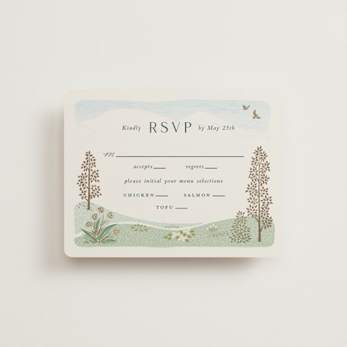 This is a evergreen rsvp cards with foil pressed by Paper Sun Studio called mountaintop printing on signature in standard