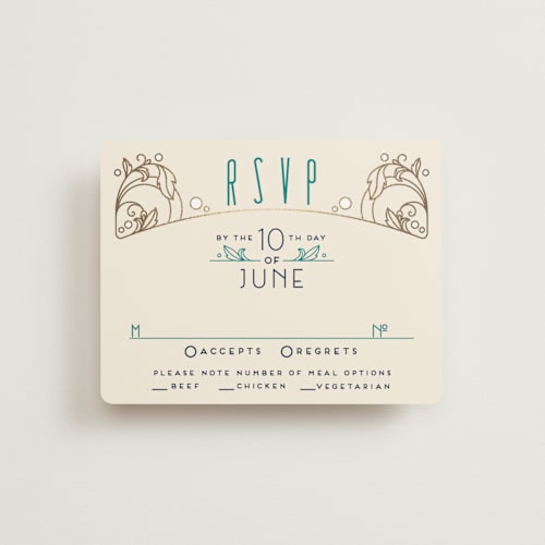 This is a goldenrod rsvp cards with foil pressed by GeekInk Design called ornate deco printing on signature in standard