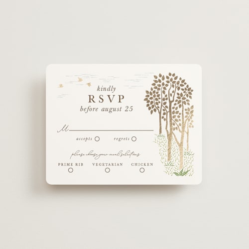 This is a forest rsvp cards with foil pressed by Paper Sun Studio called in the country printing on signature in standard