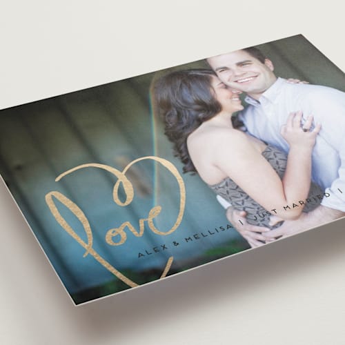This is a goldenrod wedding announcements with standard by Kelly Ventura called love + heart printing on recycled smooth signature in standard