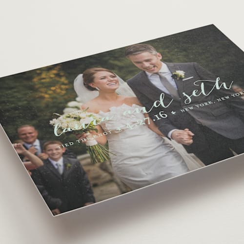 This is a sky wedding announcements with standard by Lauren Chism called meet in the middle printing on recycled smooth signature in standard