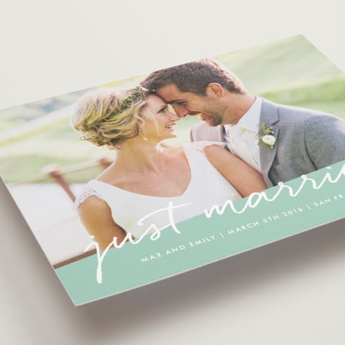 This is a mint wedding announcements with standard by Roxy Cervantes called scripted printing on recycled smooth signature in standard