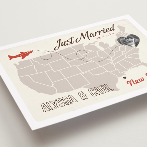 This is a tomato wedding announcements with standard by leslie hamer called up and away printing on recycled smooth signature in standard